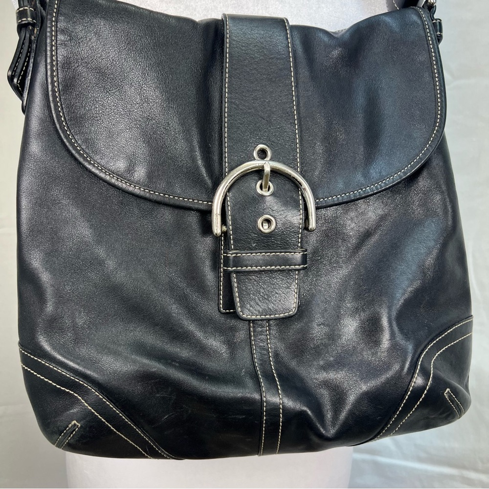 Coach black leather shoulder bag with adjustable strap and silver hardware. - Picture 2 of 11